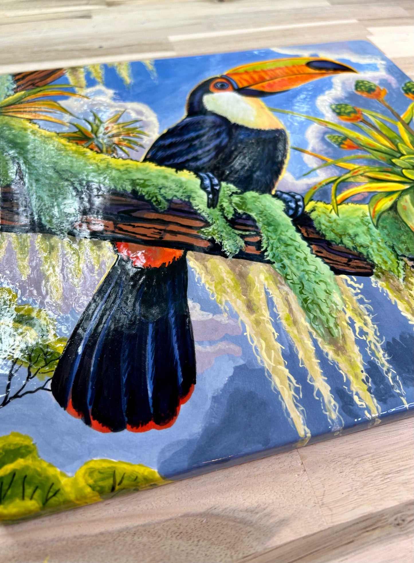 Toucan and Bromeliad on a Mossy Branch Handpainted Tile