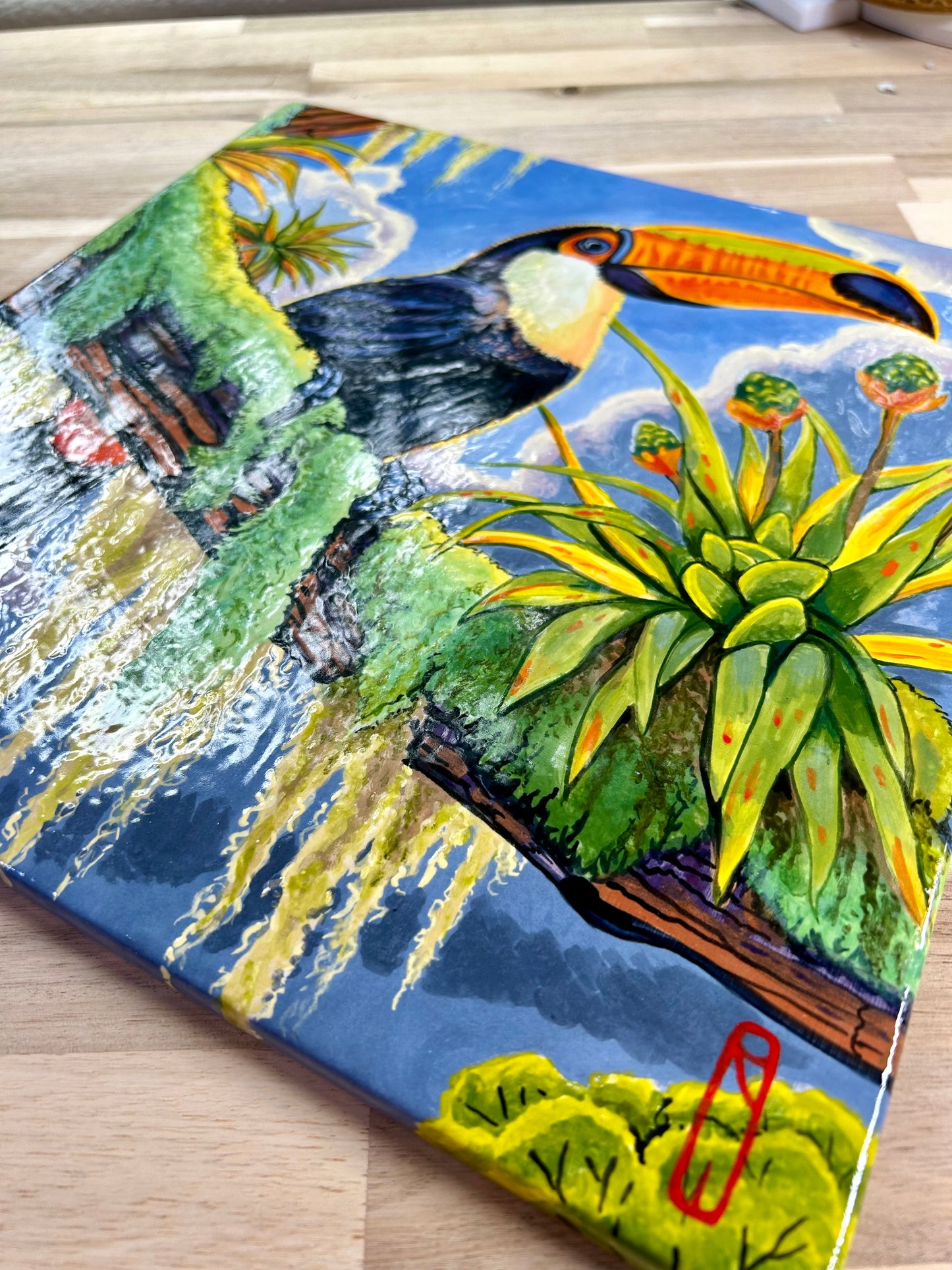 Toucan and Bromeliad on a Mossy Branch Handpainted Tile