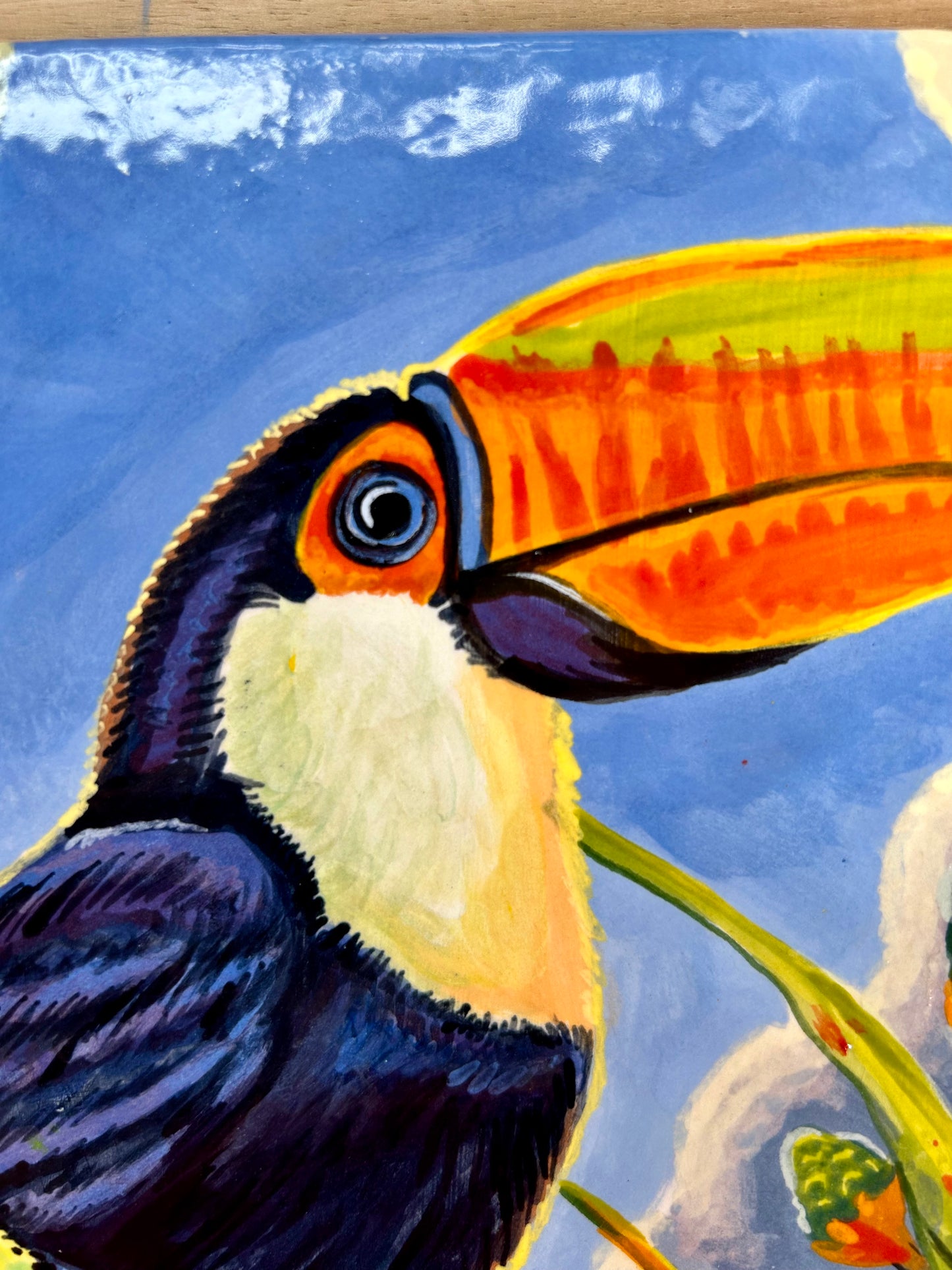 Toucan and Bromeliad on a Mossy Branch Handpainted Tile