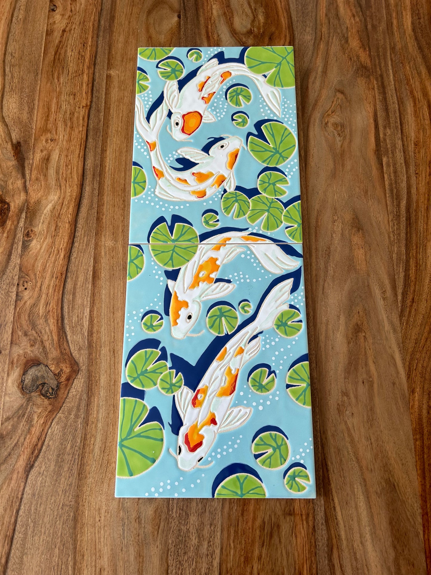 Four Koi on Blue, Cuerda Seca Handpainted Tile Set
