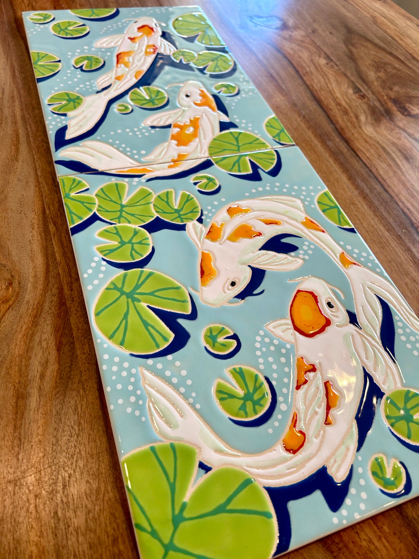 Four Koi on Blue, Cuerda Seca Handpainted Tile Set