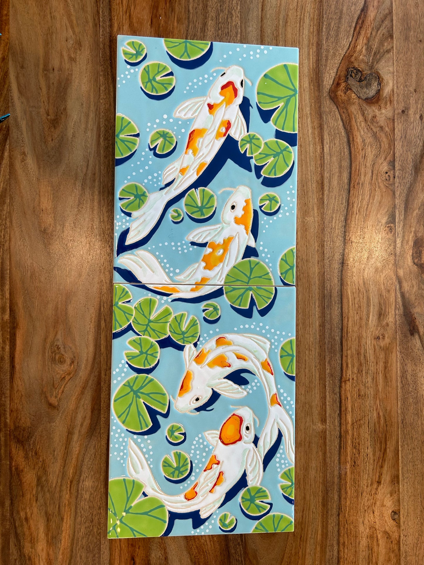 Four Koi on Blue, Cuerda Seca Handpainted Tile Set
