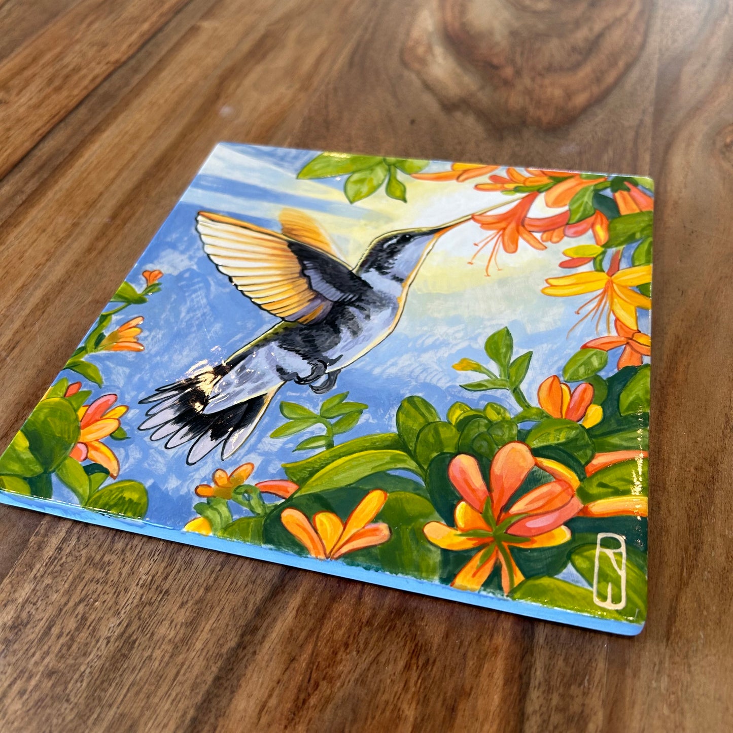 Hummingbird and Honeysuckle Single Handpainted Tile (second)