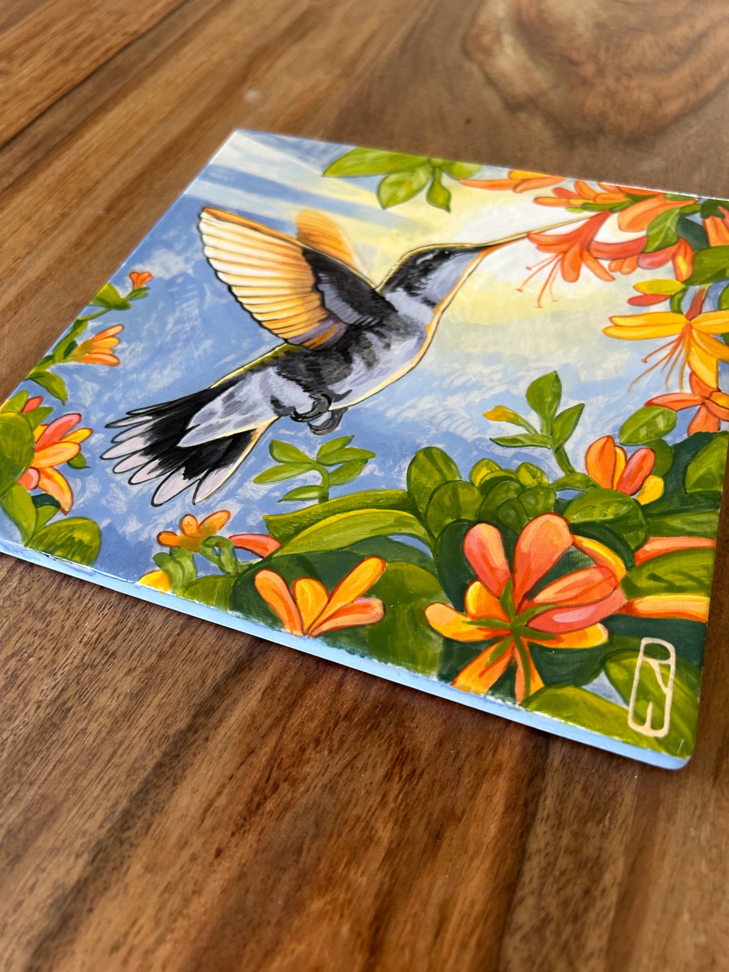 Hummingbird and Honeysuckle Single Handpainted Tile (second)