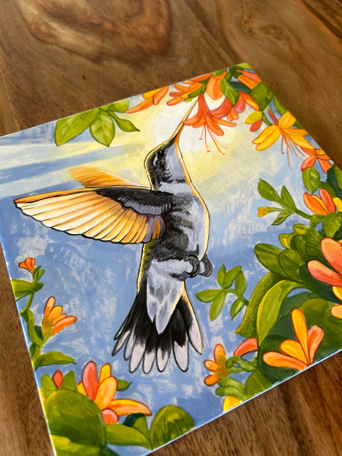 Hummingbird and Honeysuckle Single Handpainted Tile (second)