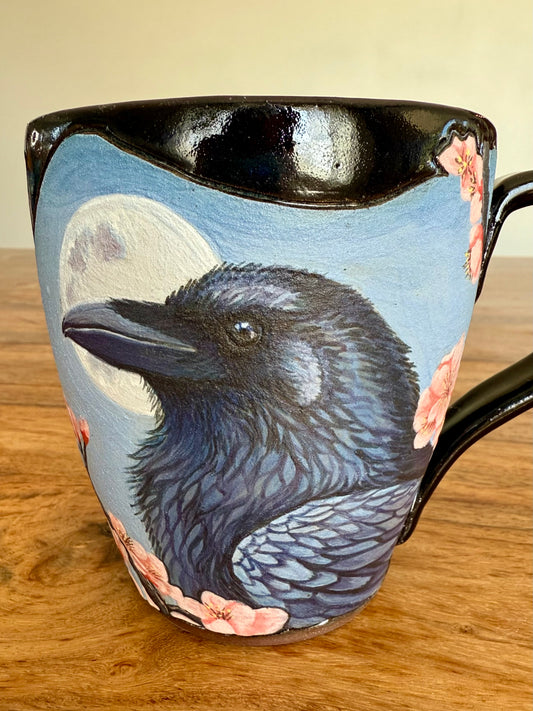 Raven and Cherry Blossoms Under a Full Moon Mug