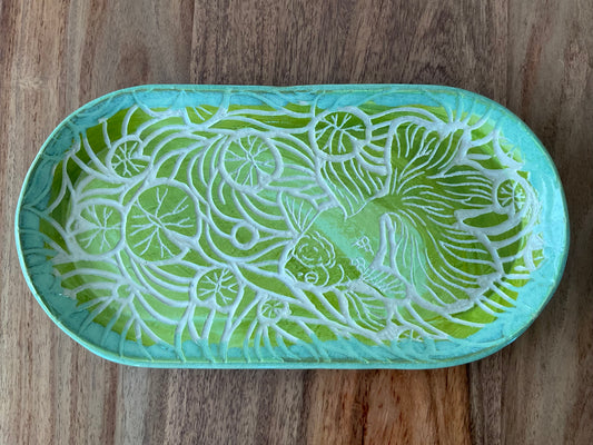 Oranda fish and lily pad sgraffito tray