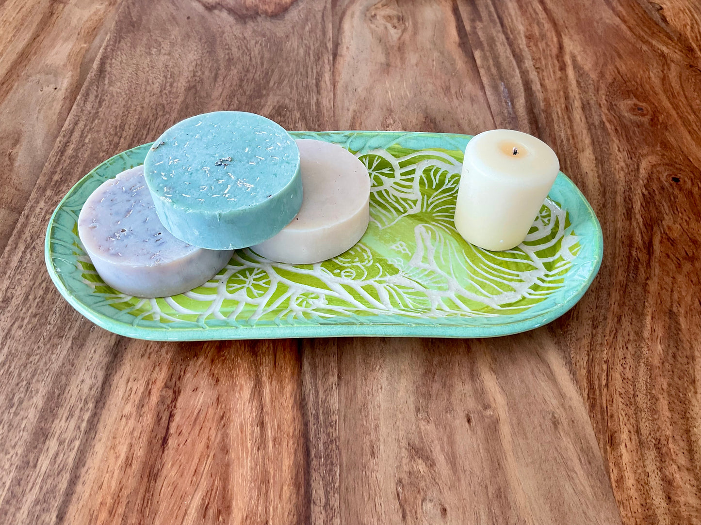 Oranda fish and lily pad sgraffito tray
