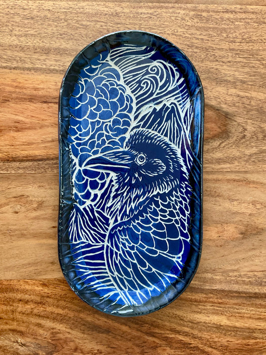 Raven and mountains sgraffito tray