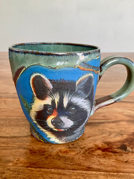Cute raccoon and pine forest mug