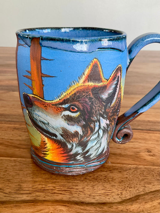 Sunlit wolf and forest mug