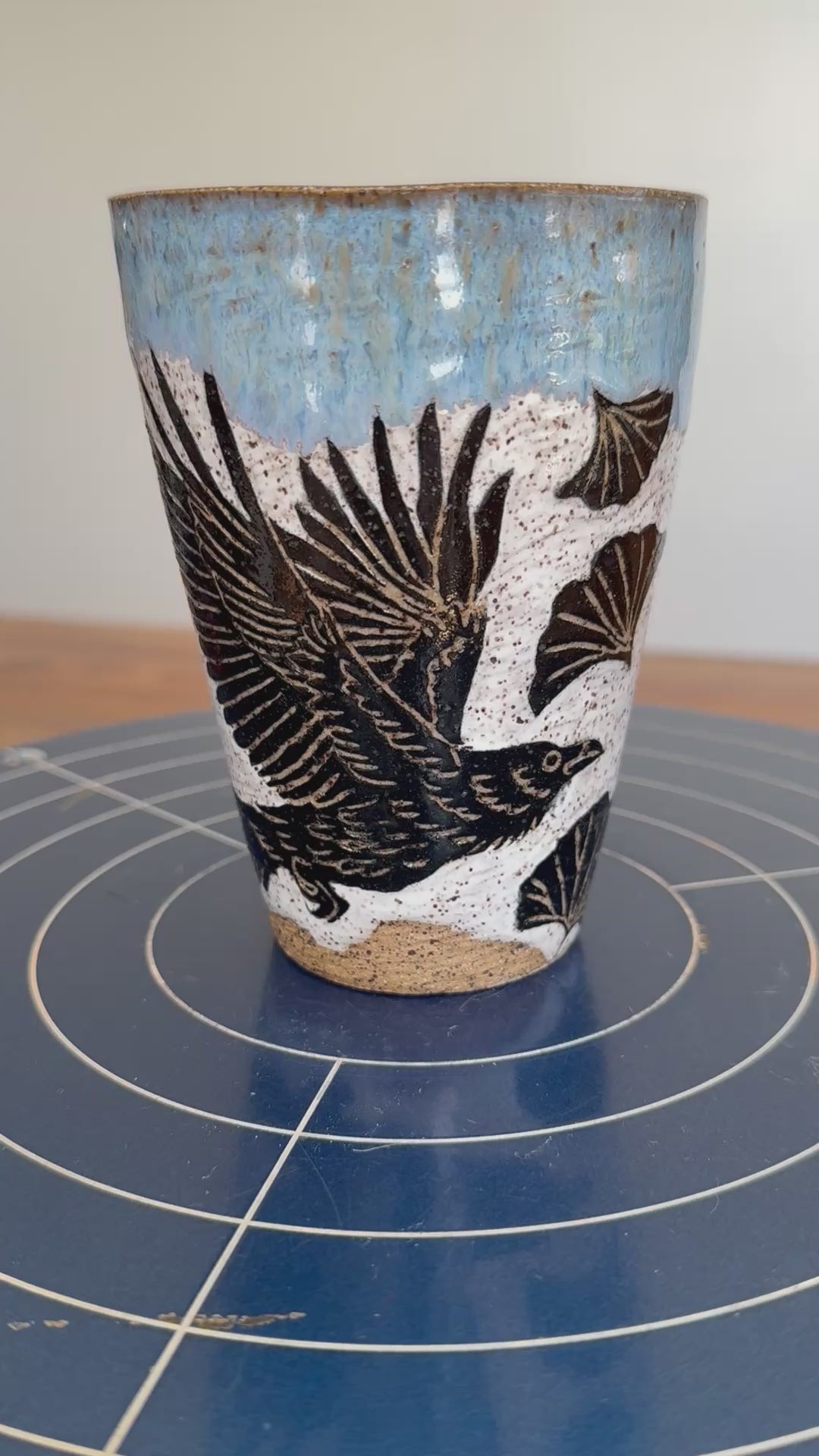 Sgraffito Ravens and Ginko Tumbler – Moth and Raven Studio